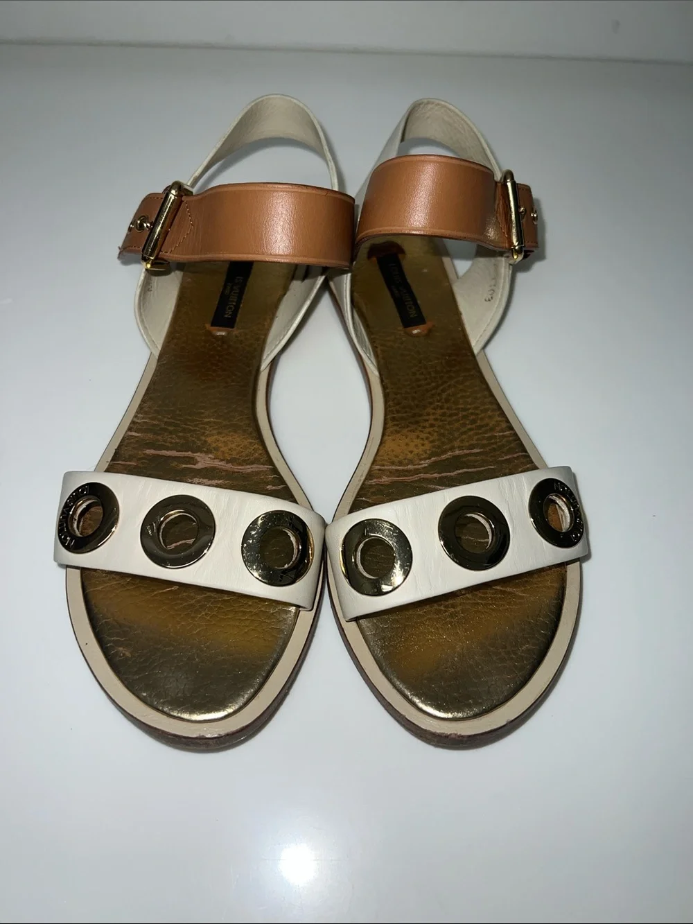 Louis Vuitton Women's gold and White Grommet Sandals - Picture 1 of 6